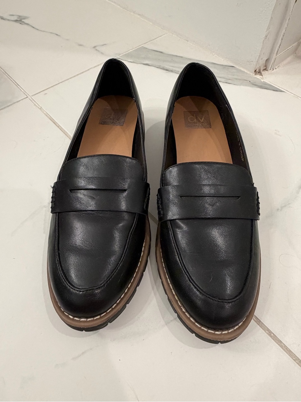 Dolce Vita Black Leather Penny Loafers with Brown Trim
